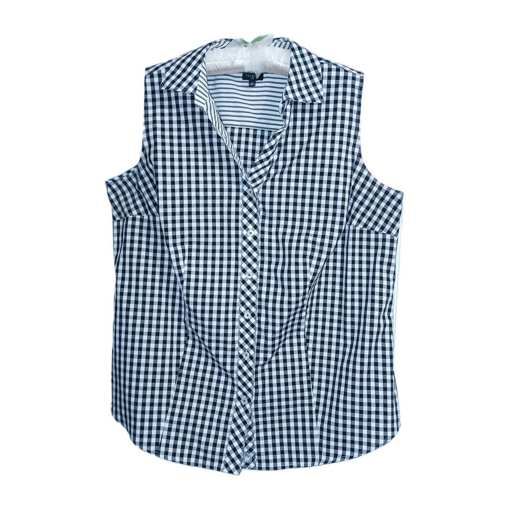 Talbots Women No Iron Cotton Top 14W Black White Checker Western Country Button